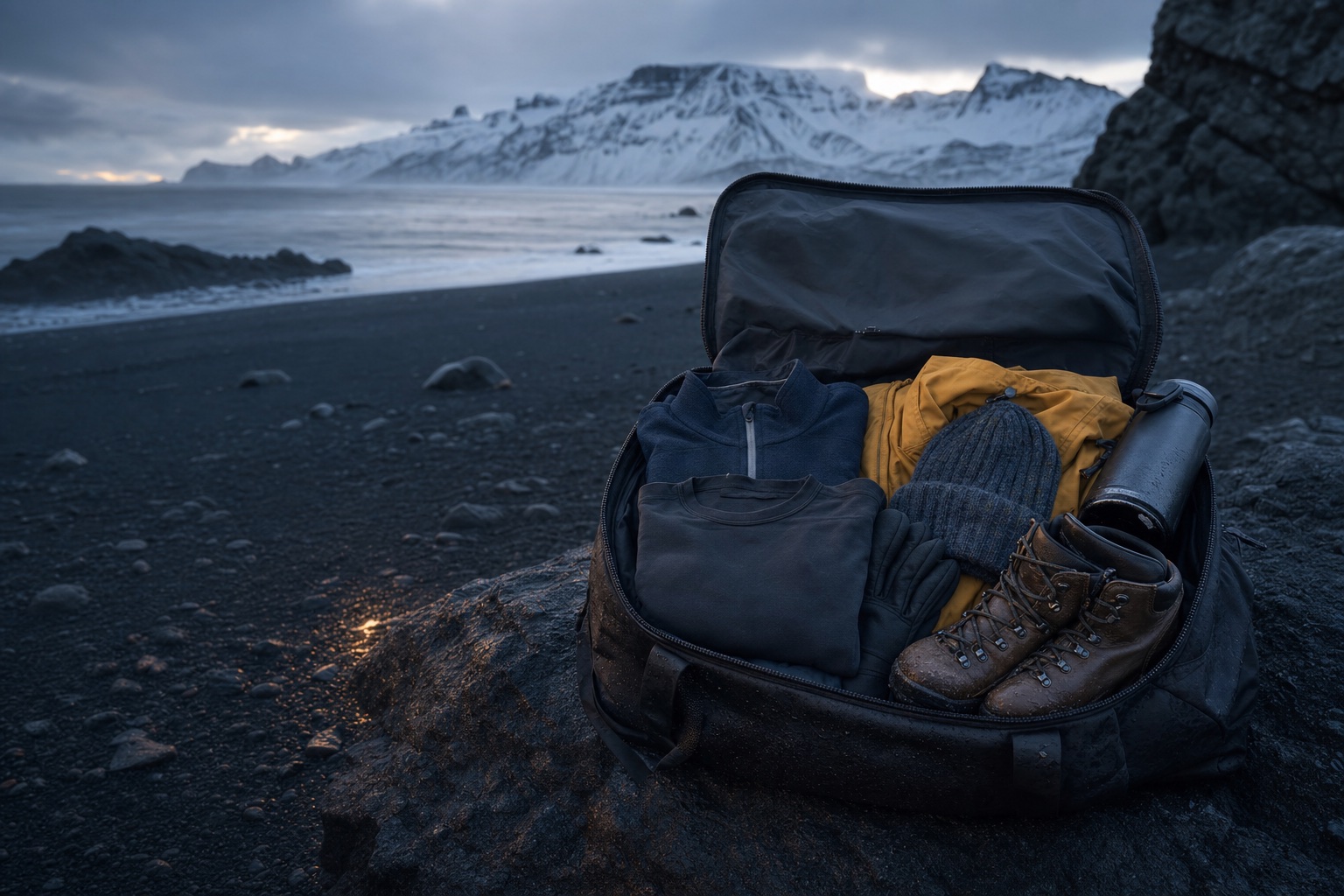 Bolsa de viaje con ropa térmica, impermeable, gorro, guantes y botas en una costa de arena negra de Islandia