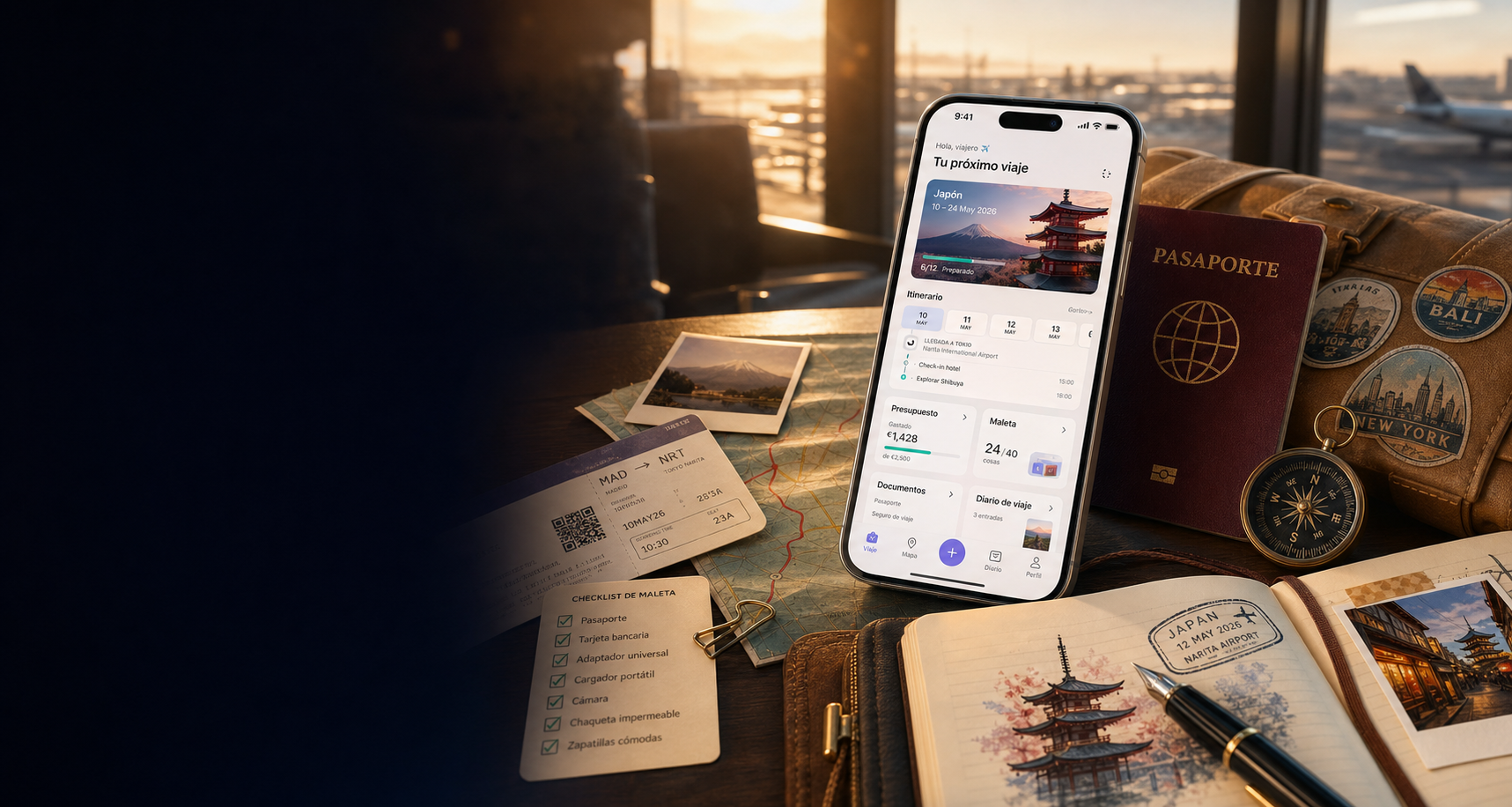 Trekky en un iPhone sobre un diario de viaje con mapas, sellos y recuerdos